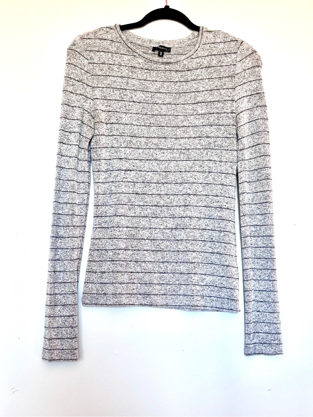 DYNAMITE Grey and Black Striped Long-Sleeve Crewneck Top